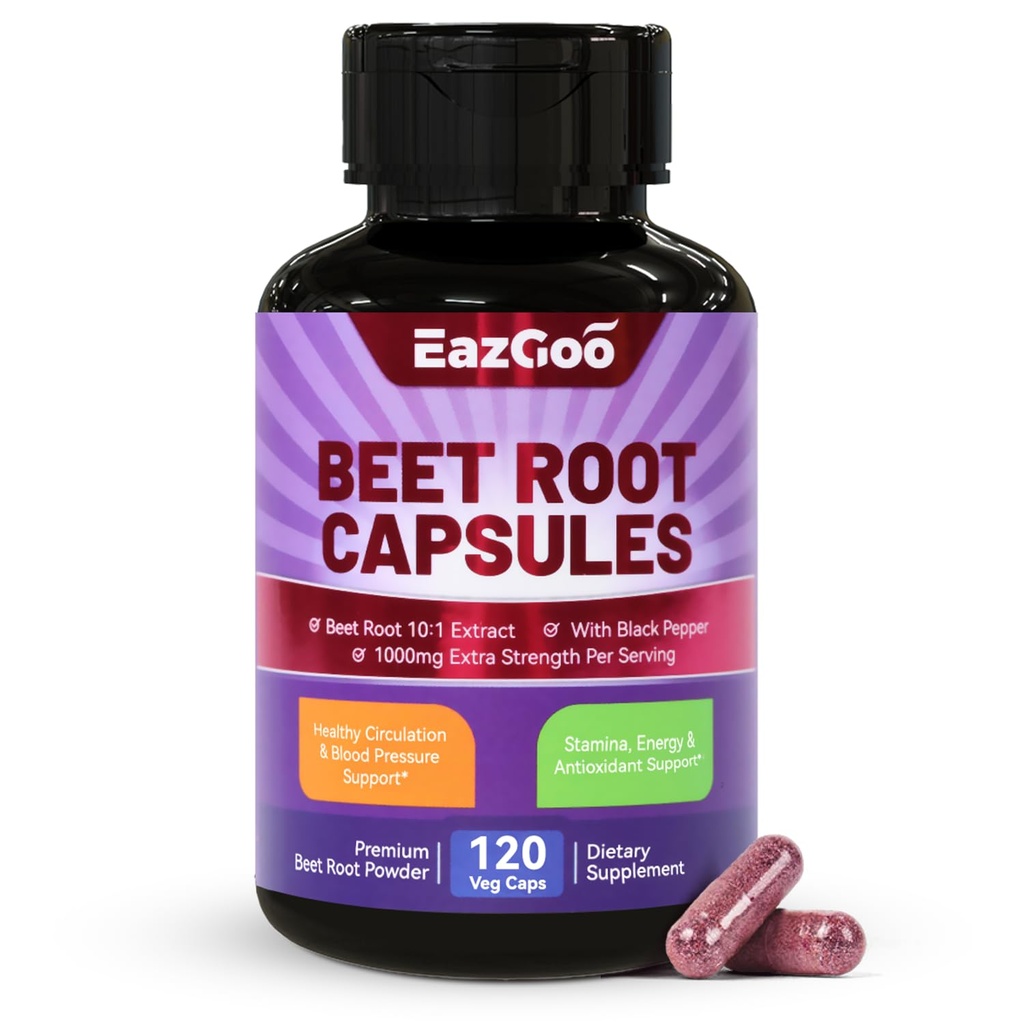 Capsule rădăcină de sfeclă 1000 mg per servire, susține producția de oxid de azot și tensiunea arterială, cu extract de piper negru, non-GMO, gluten gratuit, Vegan - 120 de conte