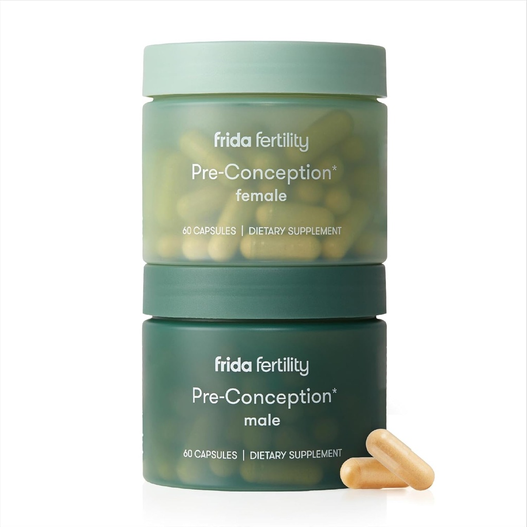 Frida Fertility Pre-Conception Supplement Set de suplimente, Vitamine & ei de zi cu zi și minerale pentru fertilitate, Suport pentru ouă și Sănătate spermă, Acid folic, Inositol, CoQ10, 60 capsule fiecare, 30 zile de aprovizionare