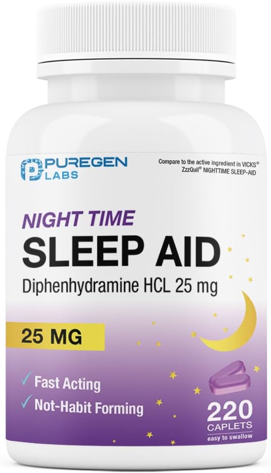 Puregen Labs Sleep Aid Caplets, Difenhidramină HCl 25mg - 220 Conte 