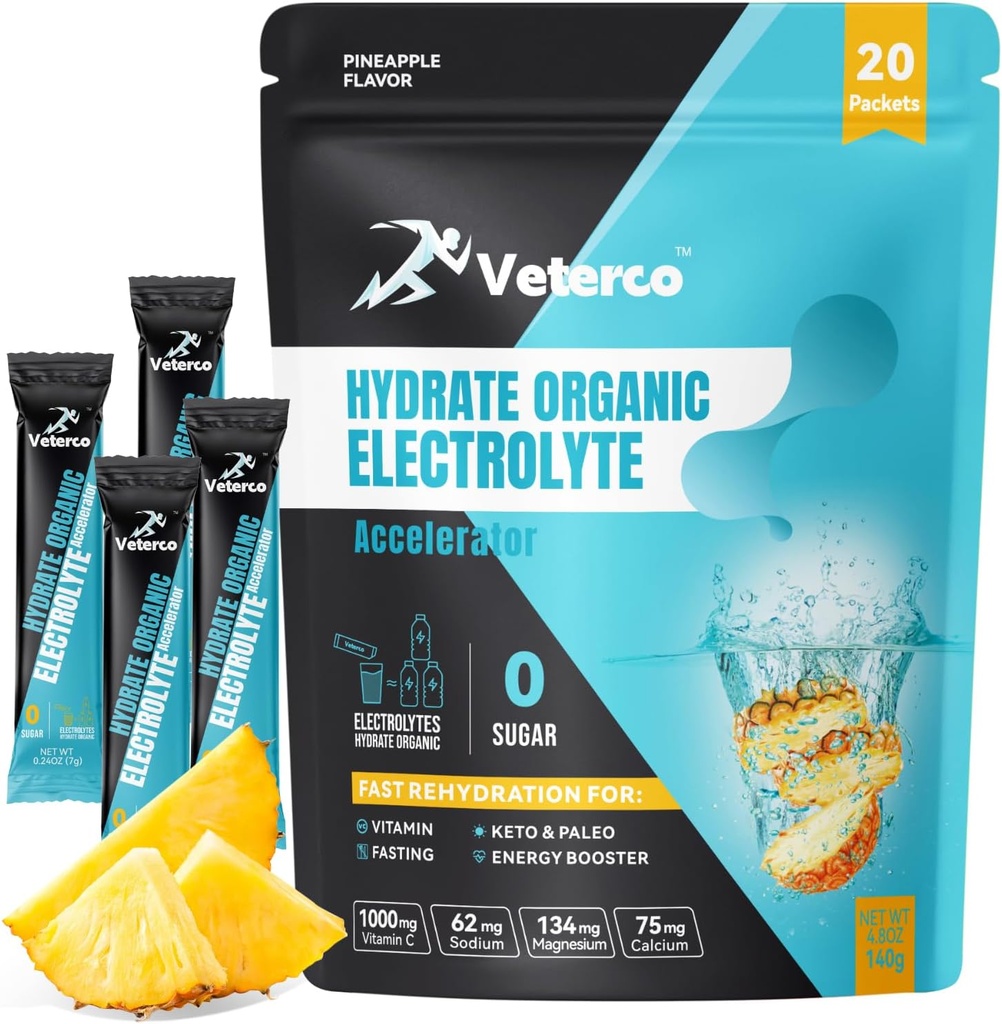 Hidratare Electrolit pulbere, Electrolit Drink, Hydration Supliment Drink Mix, Hidratare Pachete cu vitamina & Minerale, Keto Friendly, Vegan, Non-GMO, Nu Zahăr, Ananas Flavor (20 Sticks)