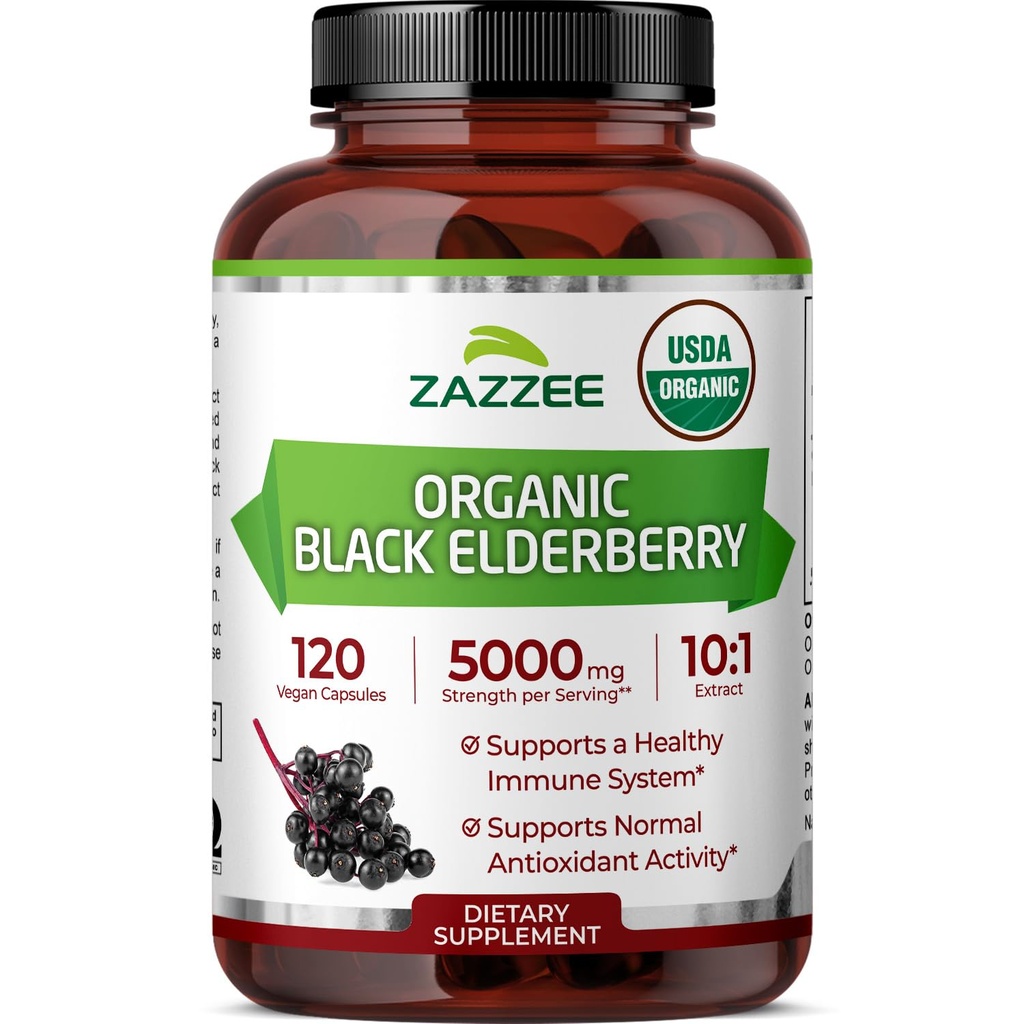 Zazzee USDA Organic Black Elderberry 10:1 Extract, 5000 mg Putere, 120 Capsule Vegan, 2 Luna de aprovizionare, Standardizat, Concentrat 10X Extract, 100% Vegetarian, All-Natural, Non-GMO, Made in the USA