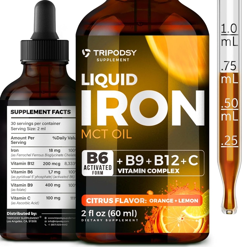 Supliment de fier lichid pentru femei si barbati - picaturi de fier cu B6, B9, B12, Vitamina C pentru anemie, Blood Builder, Folate pentru celule rosii si suport imunitar ulei MCT (2 FL OZ, Citruc)
