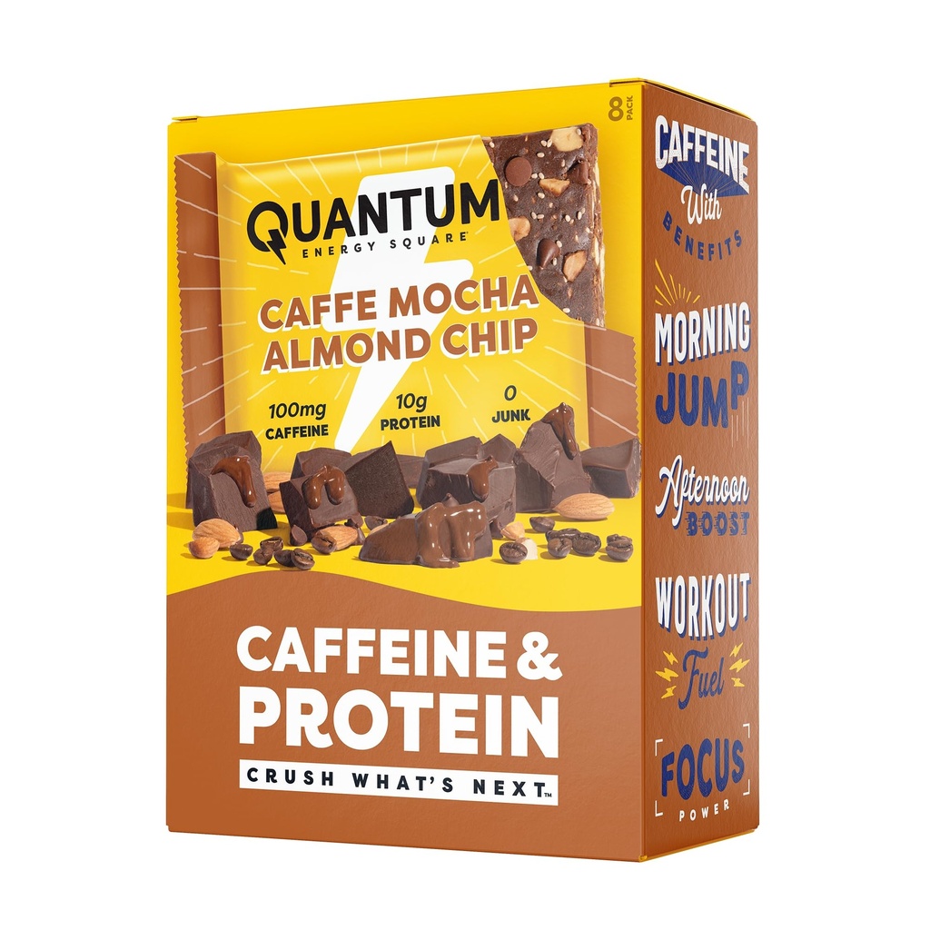 Quantum Energy Square: Energy Bar cu Cafeina & 10g Proteine. Delicious Healthy Snack On The Go. (Vegan, Gluten-free, Soy-free, Dairy-free) (Caffe Mocha Almond Chip)