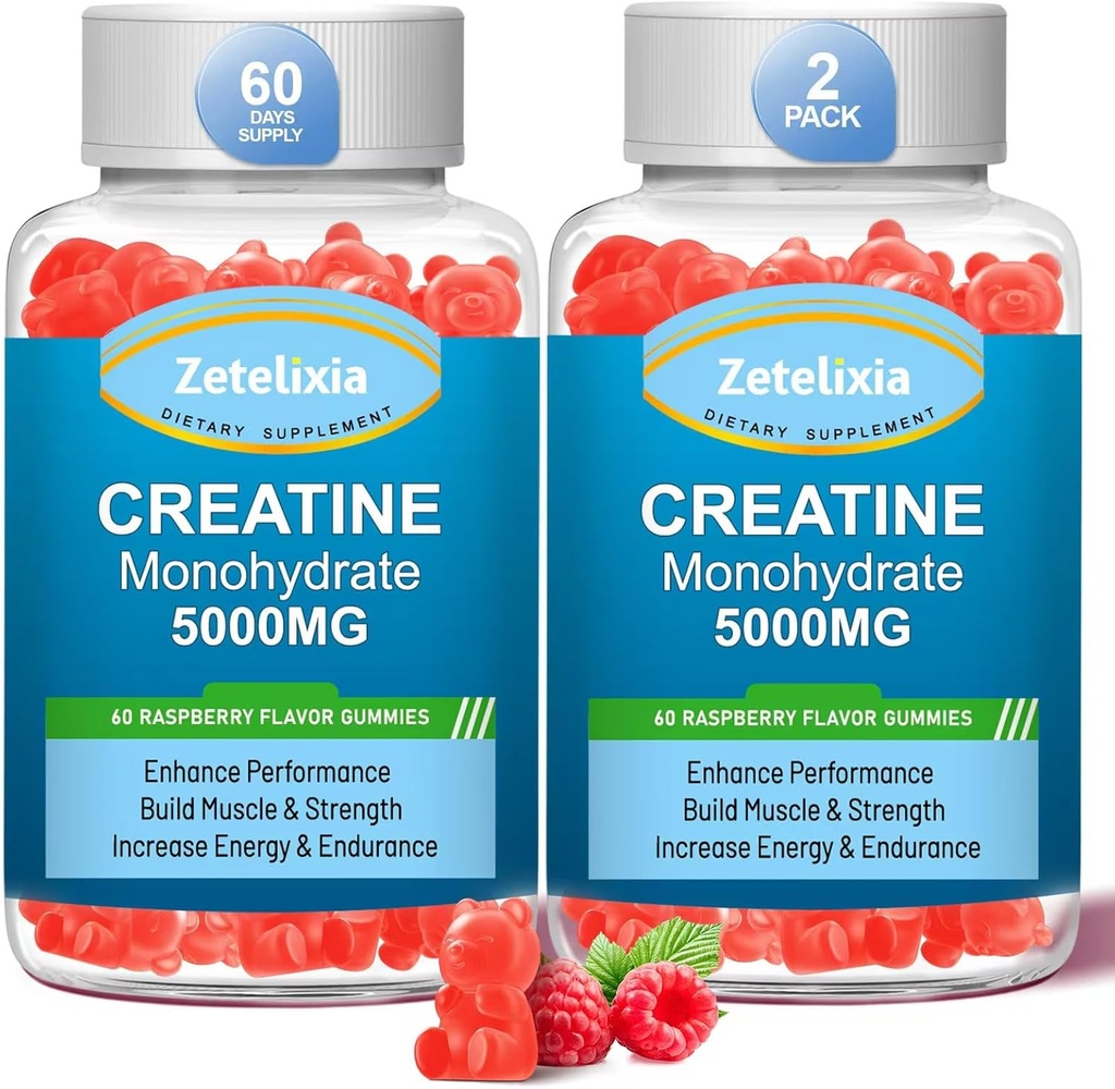 2 Pack Creatin Monohidrat Gummies, Creatina Monohidrat pentru bărbați și femei, Formula îmbunătățită cu BCAA, vitamina B12, Taurină, Suport muscular, Boost energie, Sugar Free, Vegan, 120 Conte