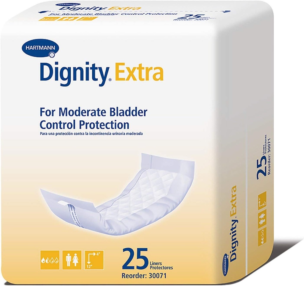 Demnitate Extra Incontinenta Liner pentru barbati si femei - vezica de scurgere pad-uri, absorbenta moderata - o dimensiune se potrivește cel mai mult, 4 în x 12 în, 25 Conte, 1 ambalaj