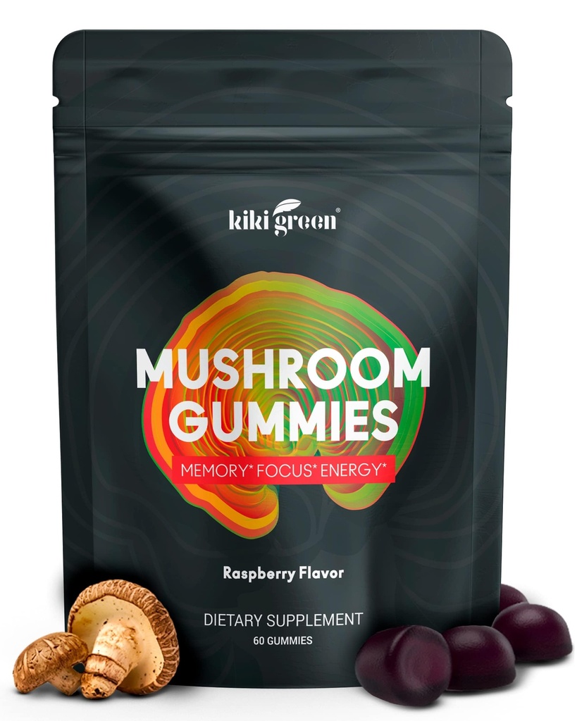 KIKI Green Mushroom Gummies cu Coama Leului și 9 Adaptogen Superfoods Blend - Chaga, Red Reishi, Cordyceps, Shiitake, Black Fungus 