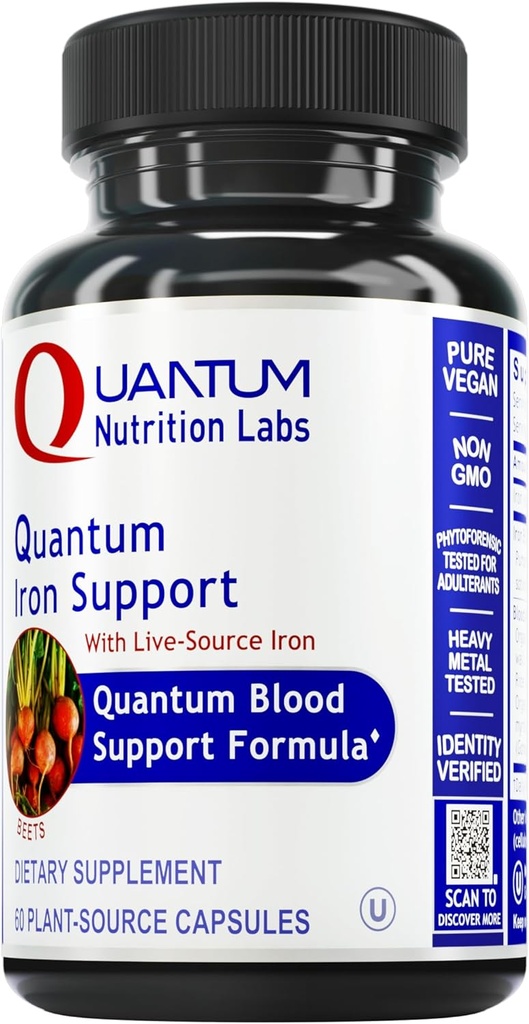 Nutritie Quantum Labs Suport fier - Supliment de fier pentru femei si barbati, Suplimente de fier Vegane, Fier blând în doză mică, sursă naturală pentru a sprijini sânge sănătos - 60 Capsule vegetariene