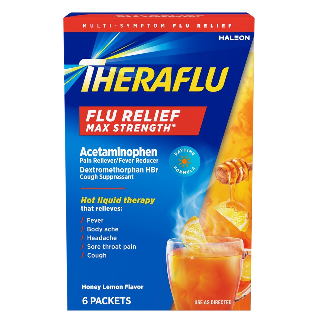 Theraflu Max Putere Ziua Medicina gripala pentru Flu Symptom Relief cu Acetaminofen si Dextrometorfan HBR, Honey Lemon Flavored - 6 Pachete pulbere