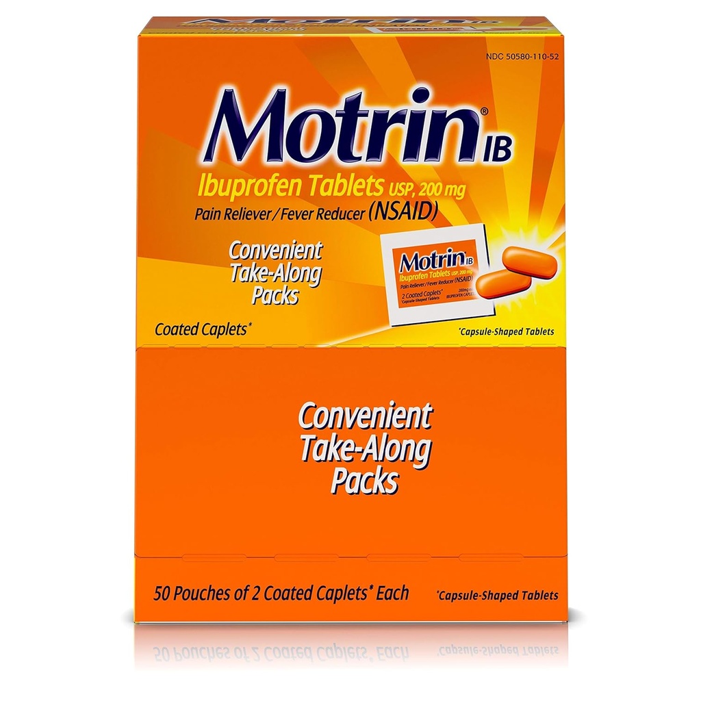 Motrin IB - Ibuprofen comprimate, două comprimate per ambalaj, 50 pachete totale, o cutie