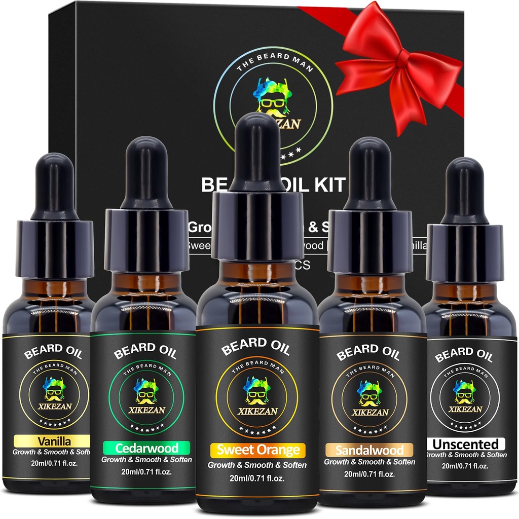 XIKEZAN 5 Pack Set de ulei barbă w/Sandalwood, Orange, Vanilie, Cedarwood, Nescented for Beard Care, Moisturising, Soften, Cadouri de ziua Birthday pentru bărbați El tatăl soț cadouri de Crăciun Stocking Stuffers