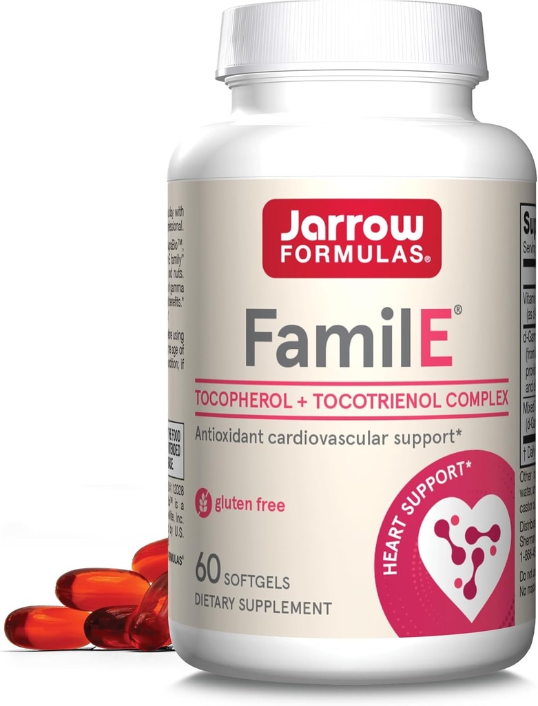 Jarrow Formulas Famil-E - Promovează inima și sănătatea cardiovasculară - conține toți cei opt membri ai familiei Vitamina E - bogat în Gamma Tocopherol & Tocotrienols - 60 Softgels