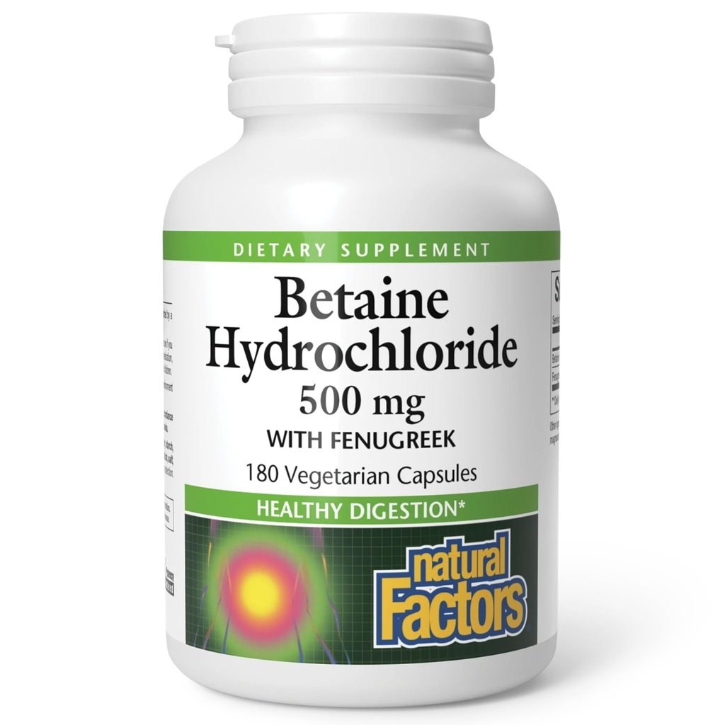 Factori naturali, Betaine HCL 500 mg, Suportă Digestie Sanatos si un Microbiom Sanatos, 180 capsule (180 portii)