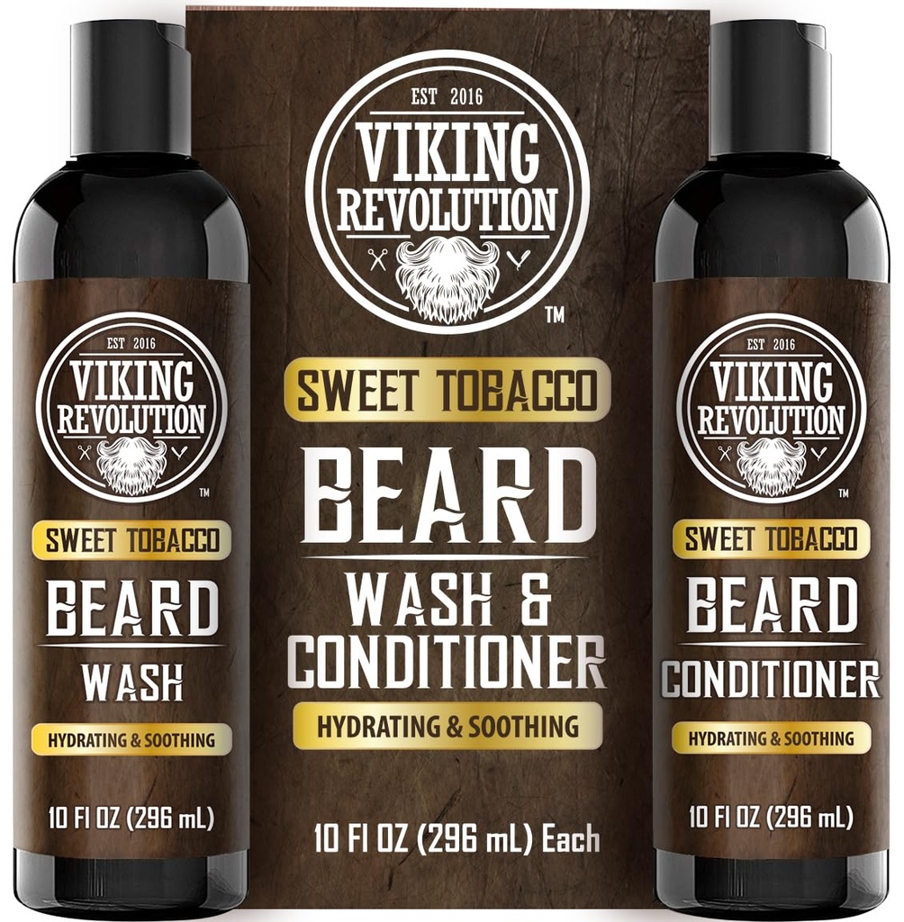 Viking Revolution Beard Wash and Beard Balsam pentru barbati cu ulei de argan si ulei de jobaba - Beard Softener and Consolidator Beard Care Beard Shampoo and Balsam with Beard Oil (10oz, Sweet Tobacco)