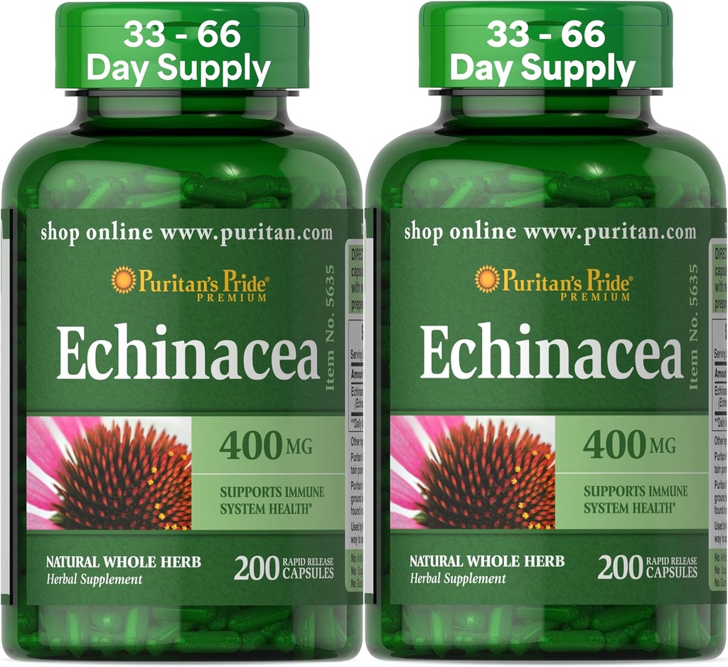 Puritan's Pride Premium Echinacea Natural Herb Supplement 400mg, Dietary Supplement for Health, Immune System Support, 200 Rapid Release Capsule, 2 Pack