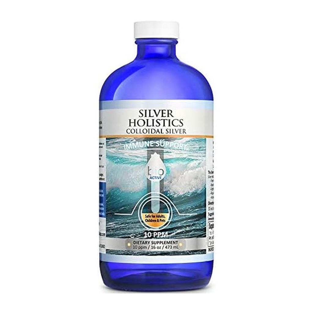 SILVER HOLISTICS Lichid coloidal de argint 10PPM - Sticla de argint coloidal cu Cupe de măsurare - Silver Holistics Lichid pentru copii, Adulți, & Animale de companie - Supliment de argint pentru suport imunitar (16 Oz.)