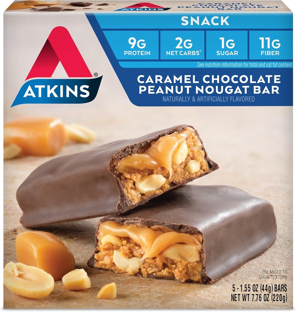 Atkins Caramel Chocolate Peanut Nugat Snack Bar, Proteine Snack, High in Fiber, 2g Sugar, Keto Friendly, 5 Conte
