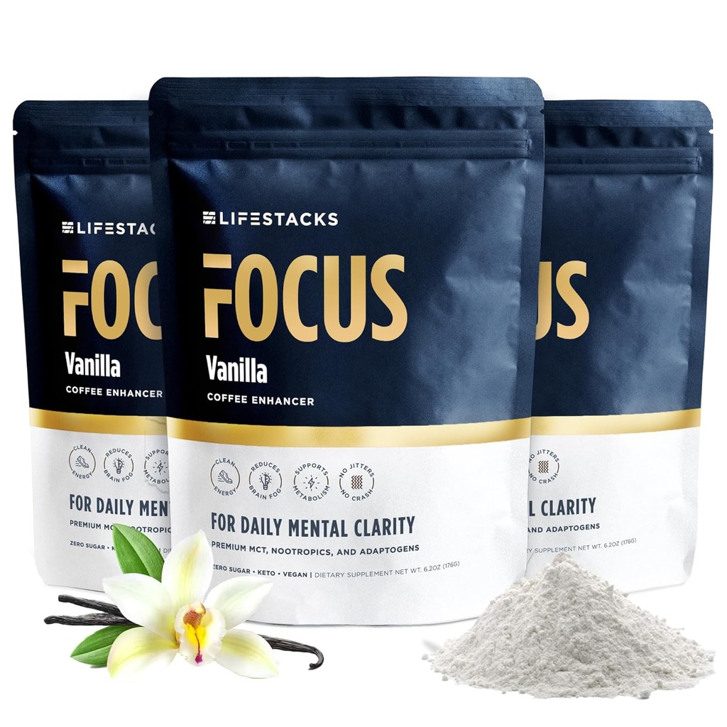 Vanilla MCT ulei 3-Pack - Boost Energy & Clarity - MCT pulbere + Nootrops + Adaptogens pentru o experiență ridicată de cafea - Keto, Vegan, 0 Zahăr - cu Taurină, L-Tyrosine, Rhodiola & More