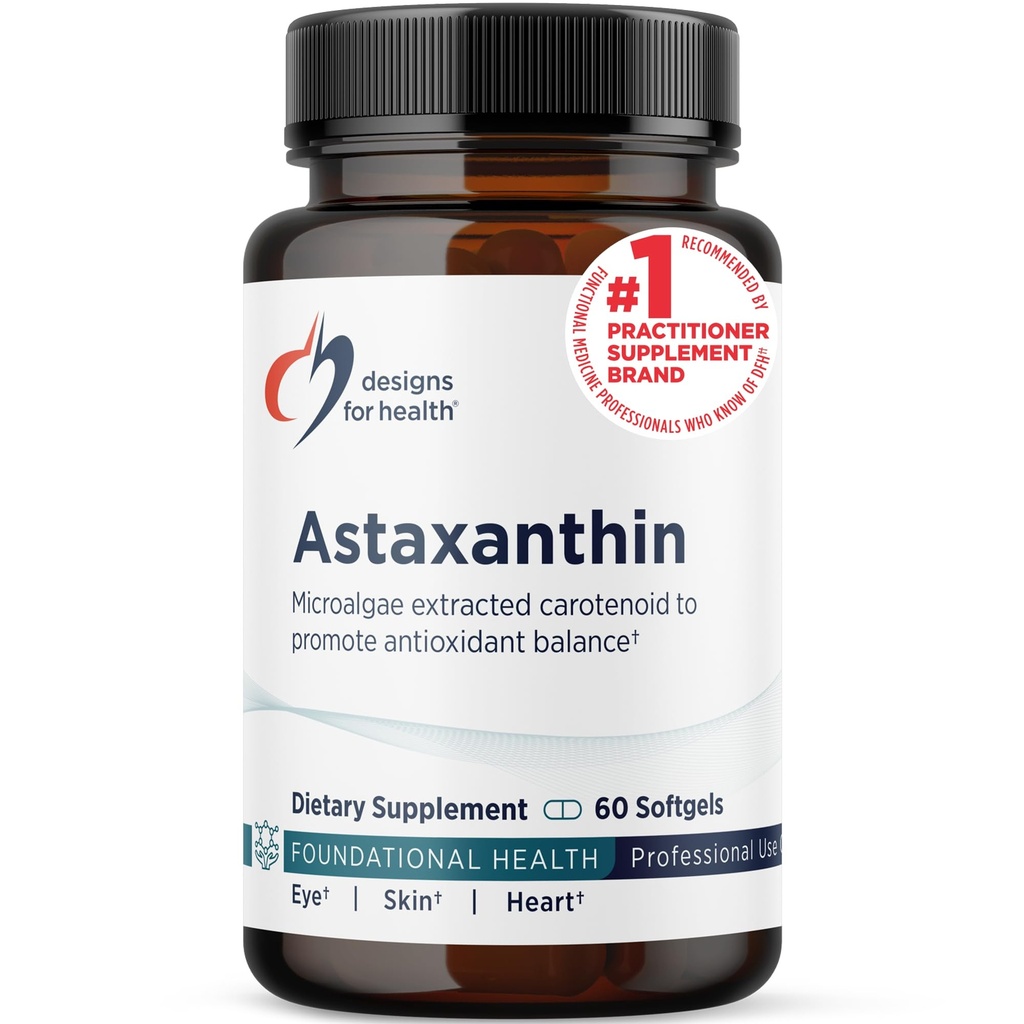 Design-uri pentru sănătate Astaxantină - Microalge (Haematococcus Pluvialis) Extras Suplimentul Antioxidant Carotenoid - Suport pentru Cardiovascular, GI, Skin + Eye Health (60 Softgels)