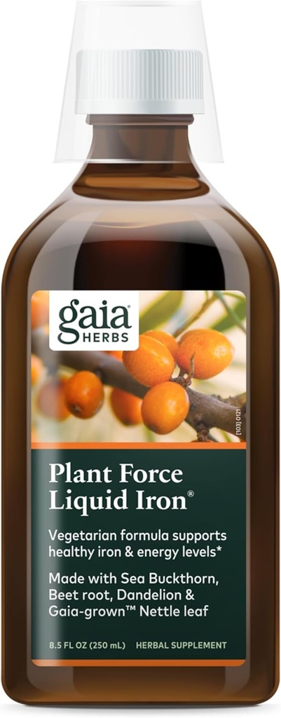 Gaia Herbs Plant Force Liquid Iron - Vegetarian Iron Supplement pentru a ajuta la mentinerea nivelului sanatos de fier si energie - cu Star Anise, Sea Buckthorn, Beet Root, Dandelion & Nettle - 8.5 Fl Oz (25 Servings)