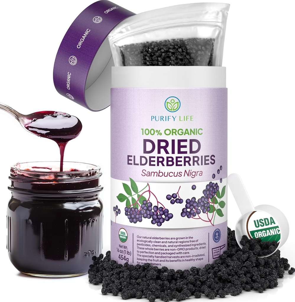 USDA Organic uscate Elderberberries 1lb vrac (Safety Package, Rereaalable Bag, BPA-Free Scoop) Natural, neiradiate, Raw Whole Black Elderberry, Immune Support, Make Sambucus Elderberry Syrup, 1 Lire