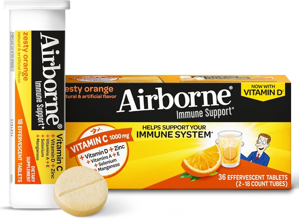 Vitamina C 1000mg (per servire) - Comprimatele Zesty Orange Efervescent Airborne (36 număr într-o cutie), Suplimentul de suport imunitar fără gluten cu vitamine A E, ZINC, Seleniu, Echinacea & Ginger