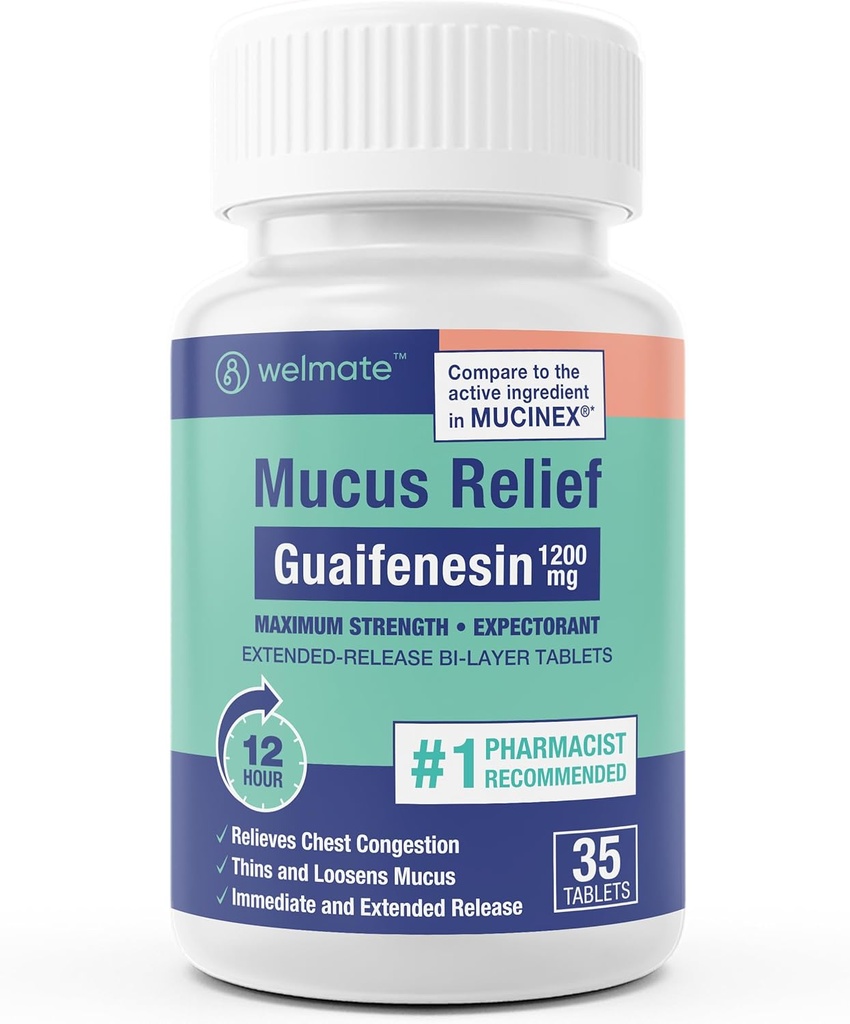 WELMATE - Guaifensin 1200 mg (35 comprimate) - Mucus Relief - Expector - Tuse & Rece - 12 Hr Support - Extended-Release Bi-Layer Tablets - Over-The-Counter Medicamente