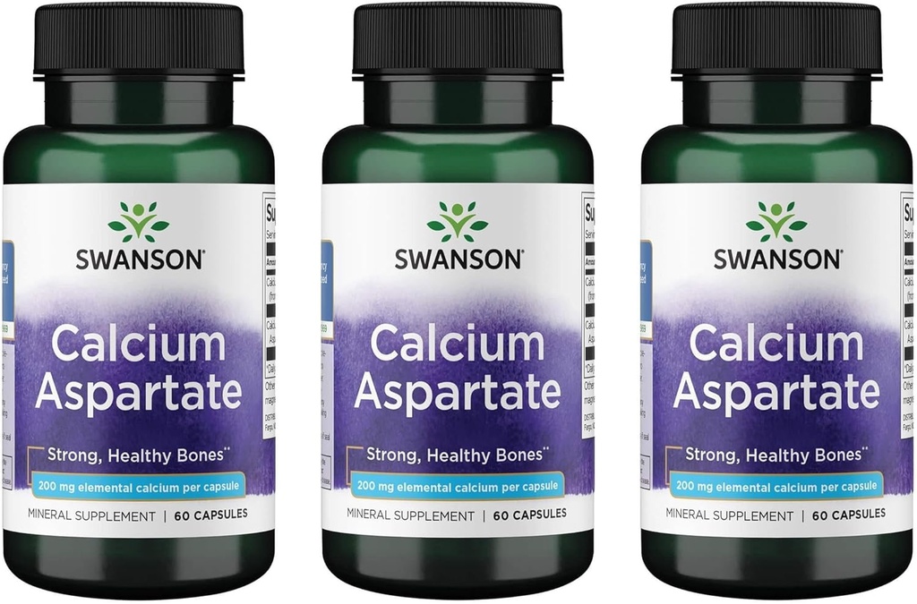 Swanson Calciu Aspartate - Suplimentul vegetal Promovarea Osului, Inimii, si Sanatatii Musculare - Formula Naturala Promovarea Total Body Wellness - (60 capsule-200 mg Fiecare) (3 ambalaj)