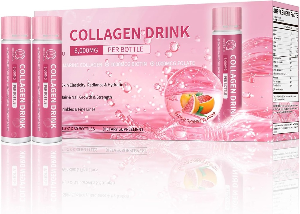 Colagen Bea cu 6000 mg Colagen Peptides marin, Colagen lichid Shots pentru femei suport frumusete, Colagen Suplimente pentru piele, par si unghii Wellness, 0.85 Fl.Oz(25 ml)x30 sticle, sânge portocaliu