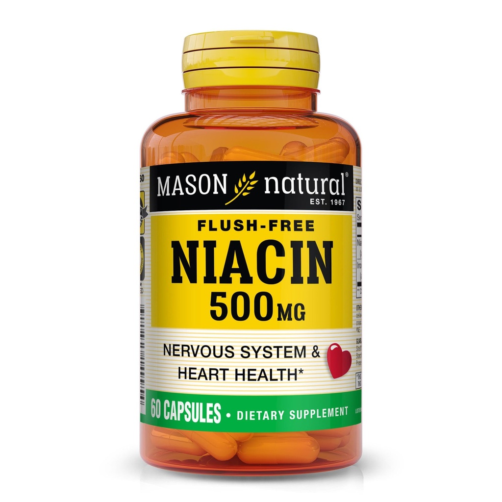MASON NATURAL Niacin 500 mg fără culoare, susţine sănătatea inimii, sistemul nervos şi producerea energiei, 60 capsule