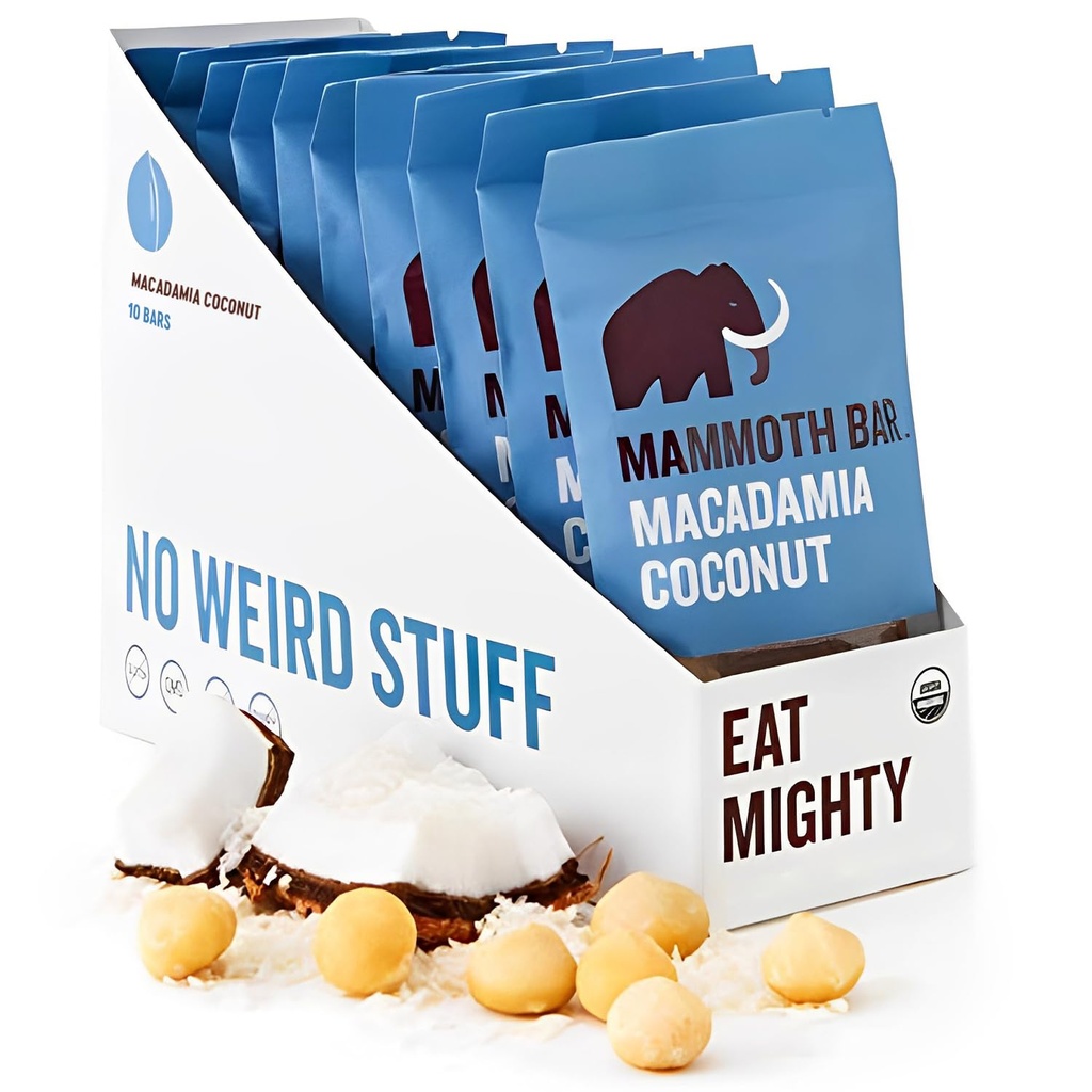 Mammoth Bar Macadamia Coconut Bar - 10 Organic Protein Bars – Prebiotic • Paleo • Gluten Free • Egg Protein • GMO Free • Raw • Premium Nuts