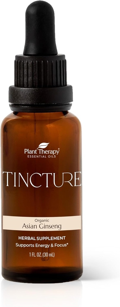 Terapia plantelor Organic Asian Ginseng Root Supliment Herbal Tincture 30 ml (1 oz) Mare pentru energie, Încurajează Focus mental, Vegan, Non OMG, Gluten gratuit, lichid, 1 flacon