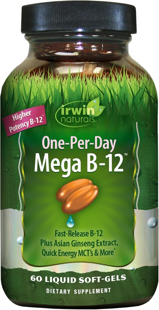 Irwin Naturals Mega B-complex - 60 Softgels lichid - Complex de vitamina B cu vitamina B12, Folate B9, Biotin B7, B1, B2, B3, B5, B6 și MCT-uri cu energie rapidă