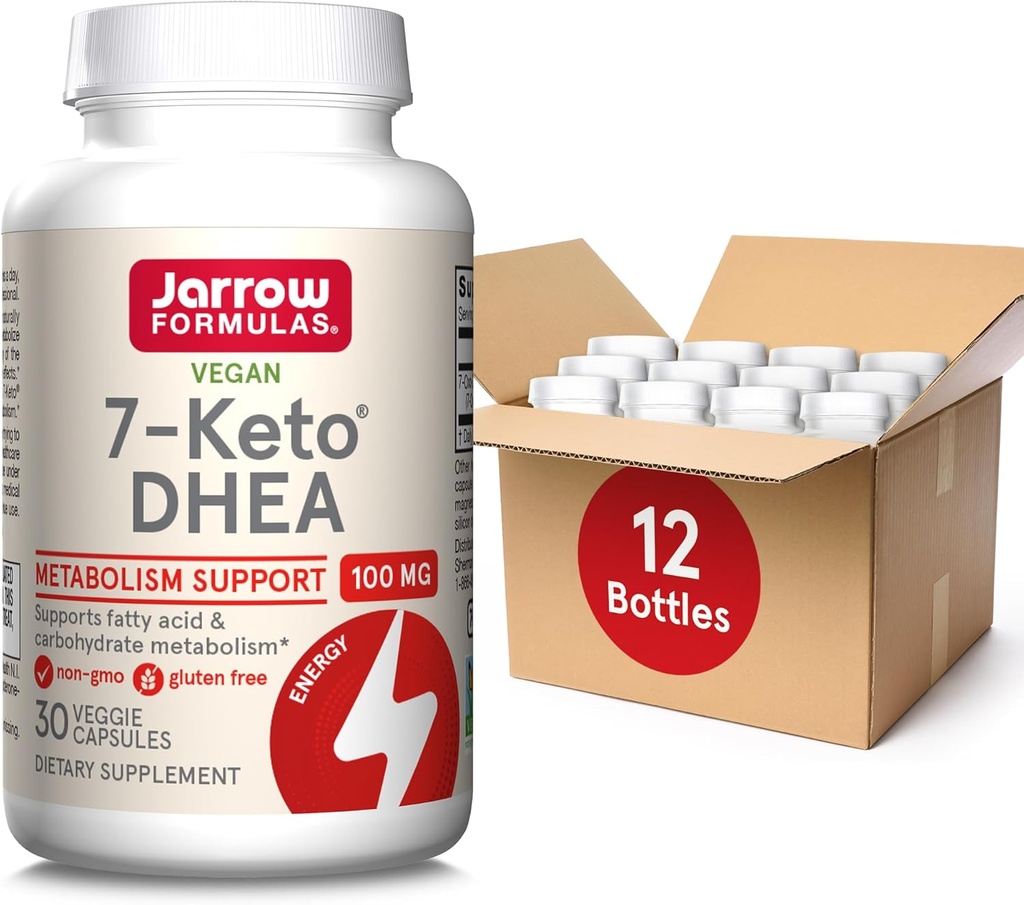 Jarrow Formulas 7-Keto DHEA 100 mg, Supliment alimentar pentru acid gras și Carbohidrat de suport metabolic, 30 Capsule vegetale, 15-30 zile de aprovizionare, pachet de 12