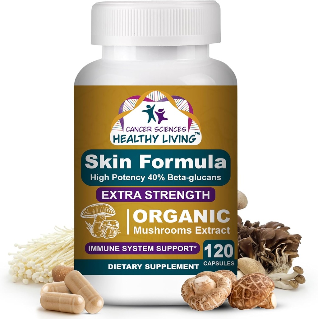 Cancer Sciences Skin Wellness Supplement, USDA Certified Organic Extract de ciuperci Supliment, Extra Putere 1500 mg, Înalta Potenta 40% Beta-Glucans, Suport Imun, Complexitate luminos, 120 Capsule