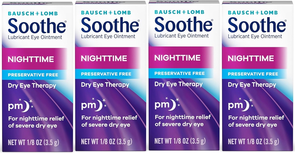 Soothe Eye Ointment by Bausch & Lomb, Lubricant Relief for Dry Eyes, Moisturising & Conforting Nighttime Dry Eye Terapie, Potrivit pentru ochi sensibili, Conservative Free, 3.5 g - 4 Pack