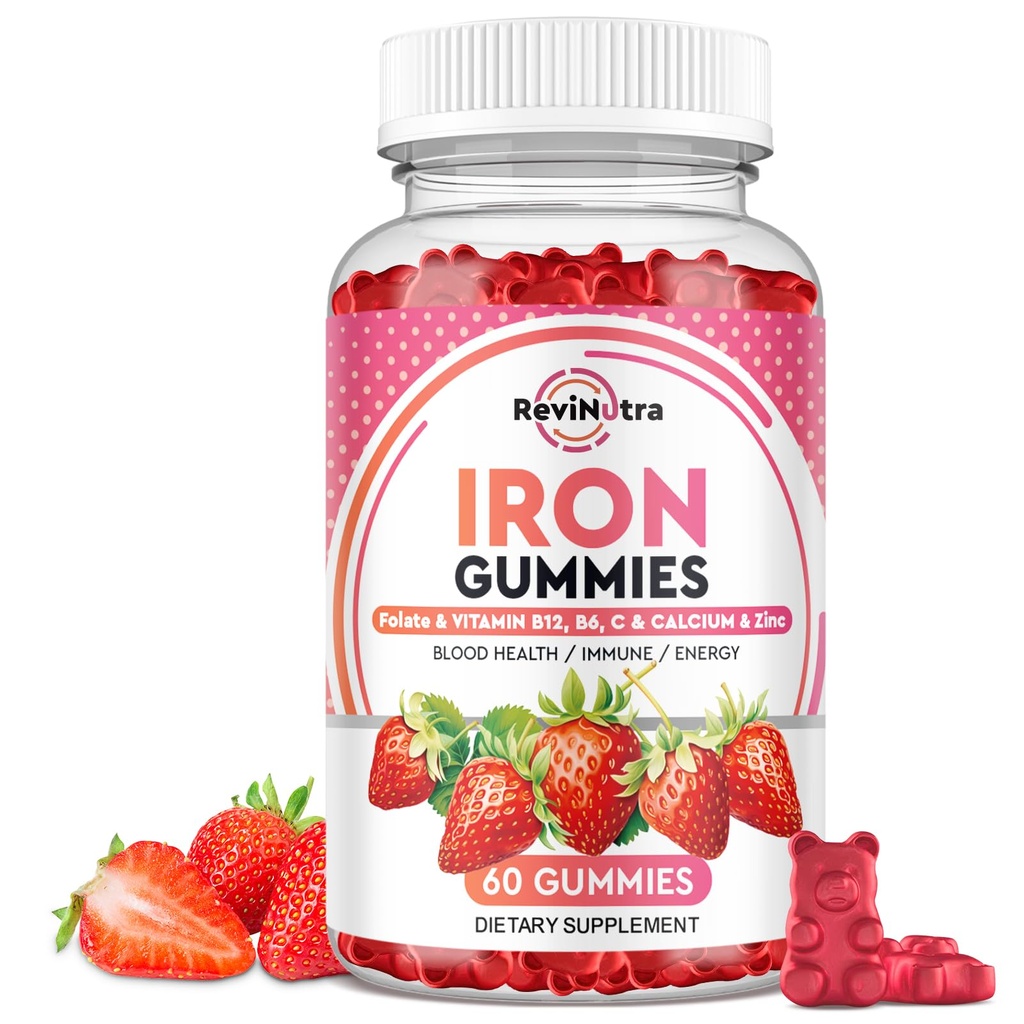 Gume de fier - cu calciu, zinc, Folate & Vitamina B12, C,B6 pentru adulți și copii - Blood Builder și suport energetic pentru deficit de fier, anemie, Vegan - 60 Gume