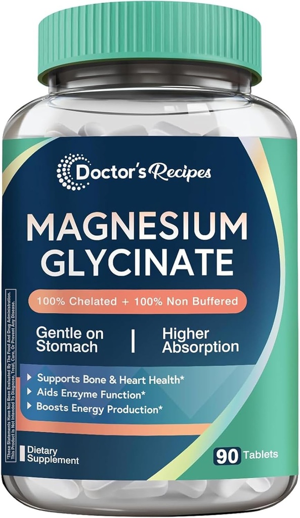 Doctor's Recipes Magnesium Glycinate, Chelated Magnesium with High Absorption & Non-Buffered, Easy on Stomach, No Gluten, Bone, Nerve & Energy Support, 90 Tablets
