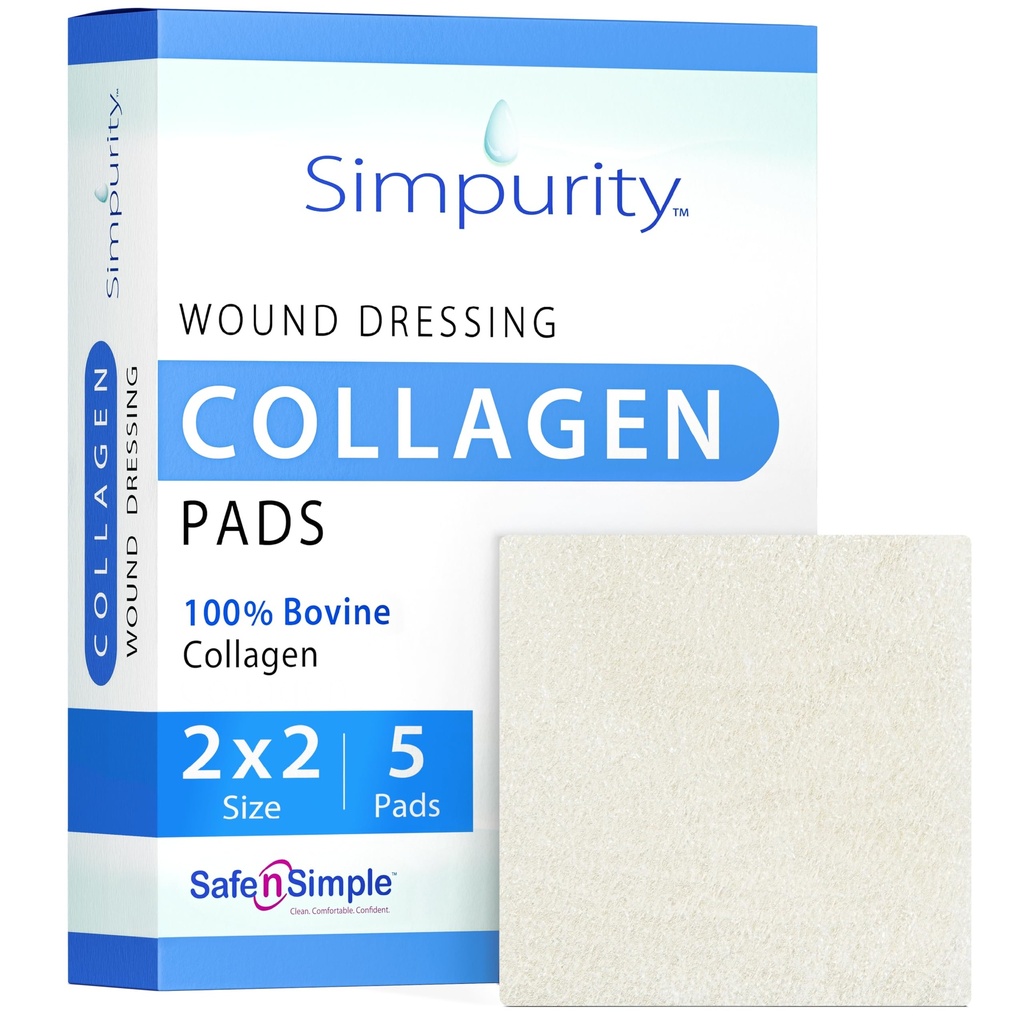 Pad-uri de dressing Colagen - 2" x 2" 5 Count Pad-uri Colagen pentru Răni - Colagen non-adrenent dressing pentru îngrijirea rănilor - Safe n' Pure de îngrijire a rănilor