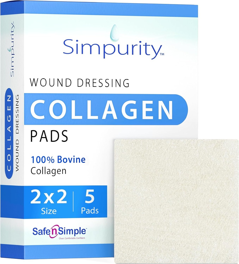 Pad-uri de dressing Colagen - 2" x 2" 5 Count Pad-uri Colagen pentru Răni - Colagen non-adrenent dressing pentru îngrijirea rănilor - Safe n' Pure de îngrijire a rănilor