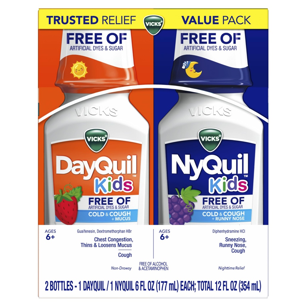 Vicks Kids DayQuil & NyQuil Rece & Tuse Relief Lichid Co-Pack, Gratuit de artificial Dyes & Sugar, Multi-Symptom Relief de tuse, Strănut, Runny nas, Mucus, și Congestion piept, pentru vârstele 6+, 2x6oz