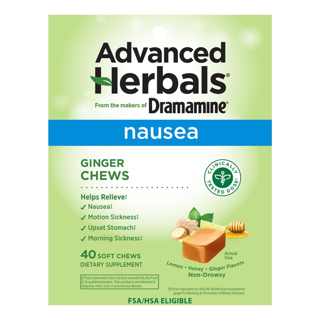 din The Makers of Dramamine, Advanced Herbals, Ginger Chews, Greaţă Relief Soft Chews Lemon-Honey-Ginger, 40 Count