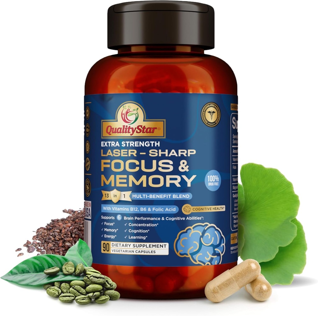 Concentrează-te şi Memory Vitamins, 13-in1 Multi-Benefit Blend pentru Cognitive şi Brain Health, Memory Supplement for Brain, 90 Vegetarian Capsule