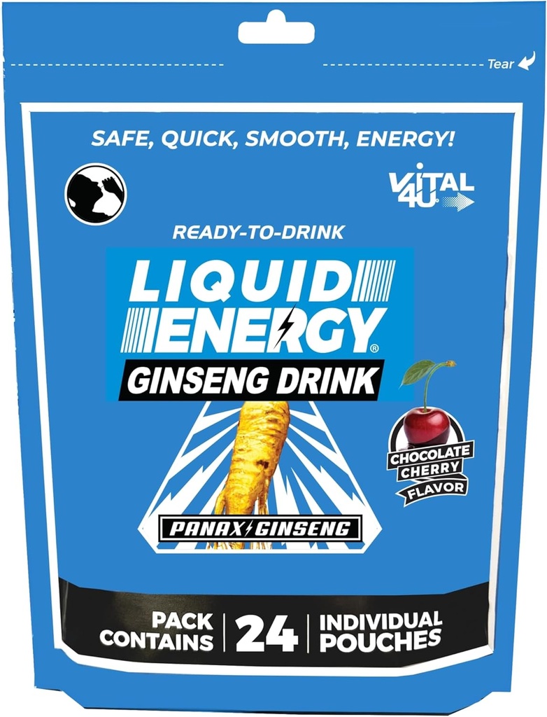 VITAL 4U® Liquid Energy Shot - Ginseng, îndulcit natural, aromă de cireşe de ciocolată, 24 ct