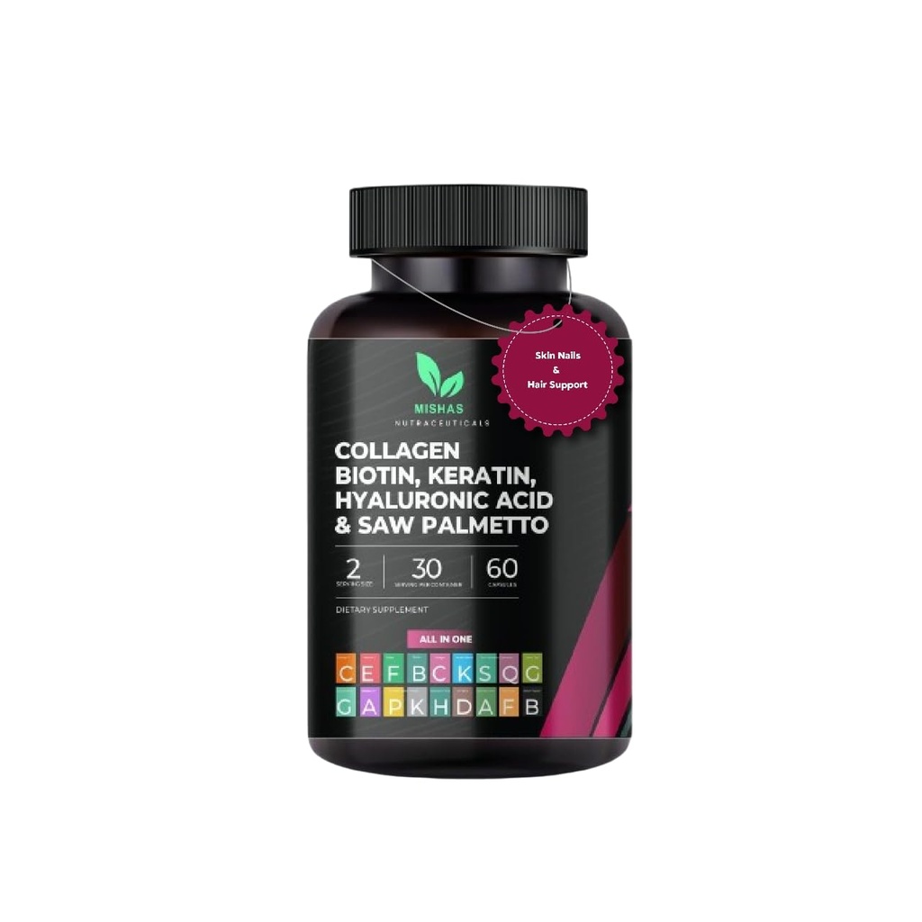 Multi Colagen Pastile de par - Biotina 10.000mcg, Keratina & Acid hialuronic - Cresterea parului - Piele de par si unghii Vitamine & DHT Blocker - Vitamina E Acid folic Seminte de dovleac MSM, Saw Palmetto 60 Capsule Vegan