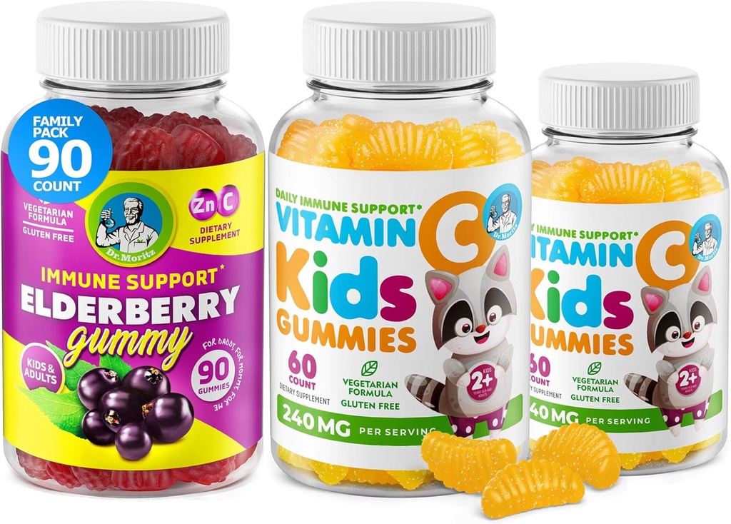 DR. MORITZ Vitamina C Gume și gume de soc pentru copii și adulți - Suport imun Vitamine Gummy low-Sugar masticabile pentru copii mici - Supliment alimentar vegetarian Gelatină-gratuit pentru copii