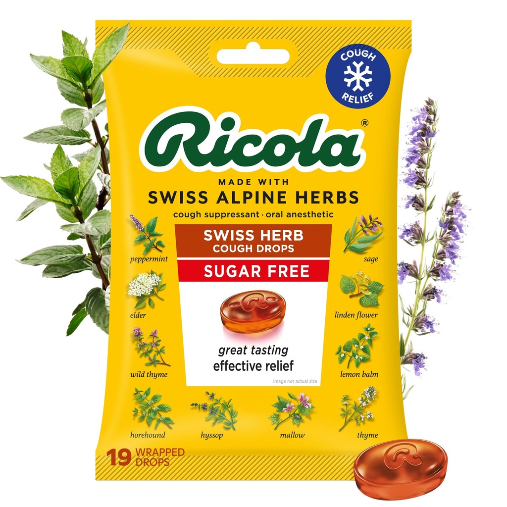 Ricola Sugar Free Swiss Herb Cough Drops, 19 Count, Tuse Suppressant & Throat Relieving Drops with Natural Sourced Mentol, Pleasing Gust for Coughs & Throat Iritation Symptom Relief