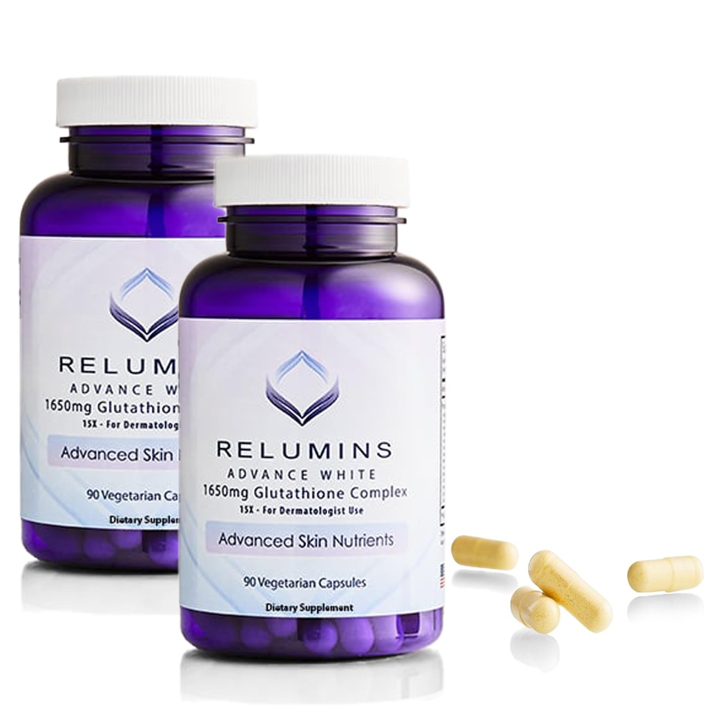 Relumins L-Glutatione Complex 1650mg - Suport antioxidant cu acid lipoic alfa, NAC, L-Metionina, Vitamina E, Suplimentul de sanatate a pielii, Made in USA - 90 Capsule vegetariene x 2 Flacoane