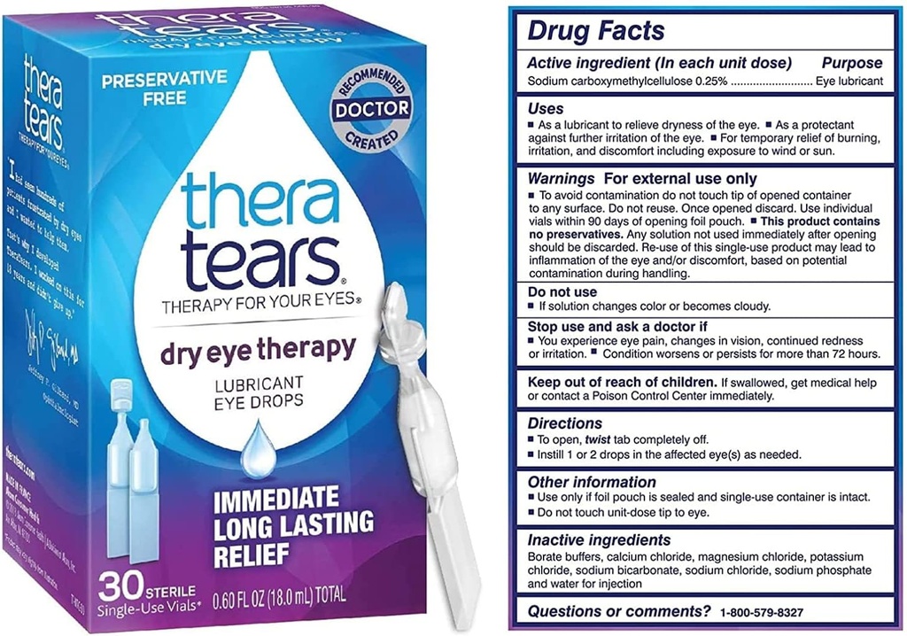TheraTears Dry Eye Terapie Lubrifiere picături oftalmice pentru ochi uscaţi, picături pentru ochi fără conservanţi, 30 flacoane pentru administrare unică (3 ambalaje)