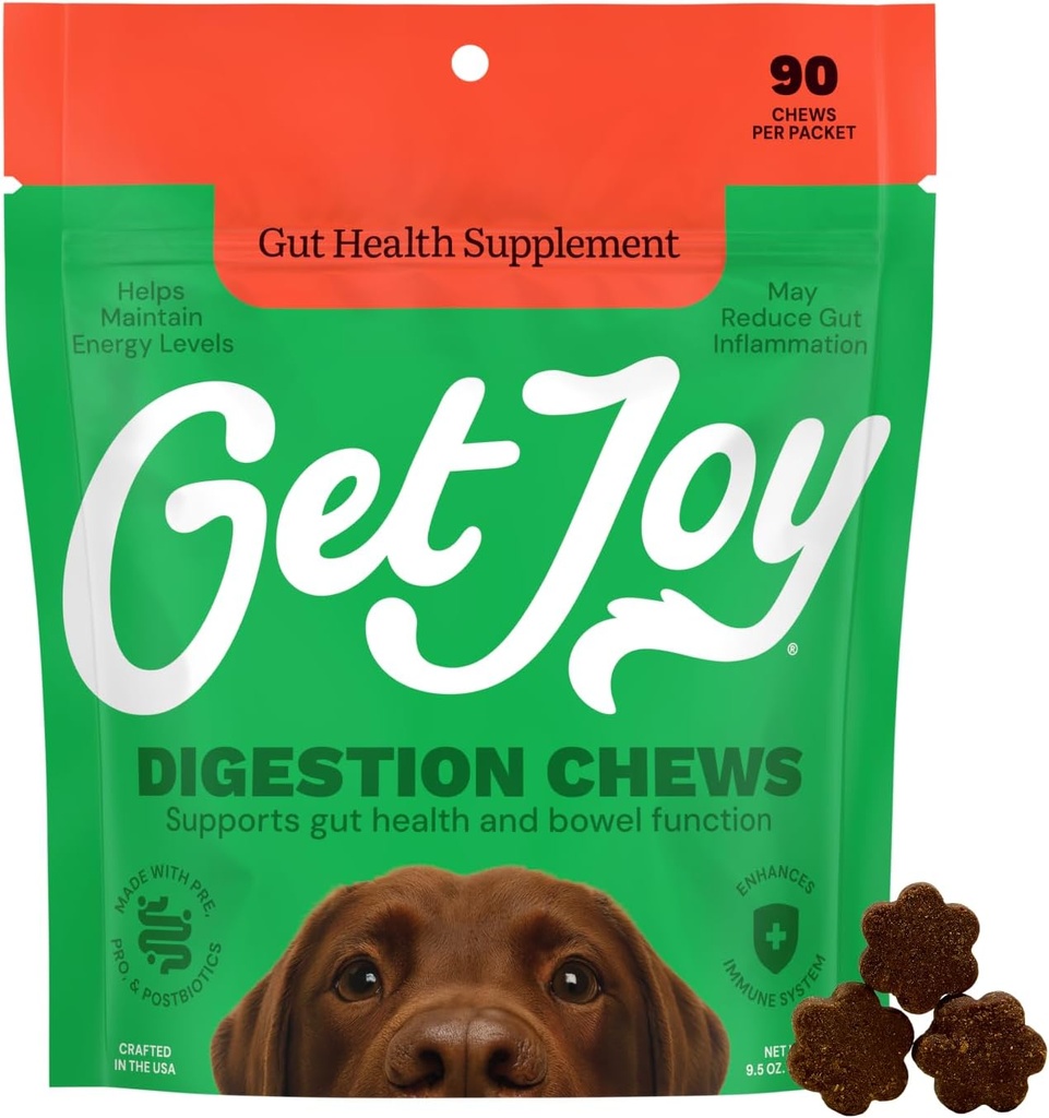 Get Joy Digestion Chews, Gut Health Supplement for Dogs, Vet Recomandat Soft Daily Digestive Health & Immune Support with Prebiotics, Probiotics & Postbiotics, Made in USA, 90 Count