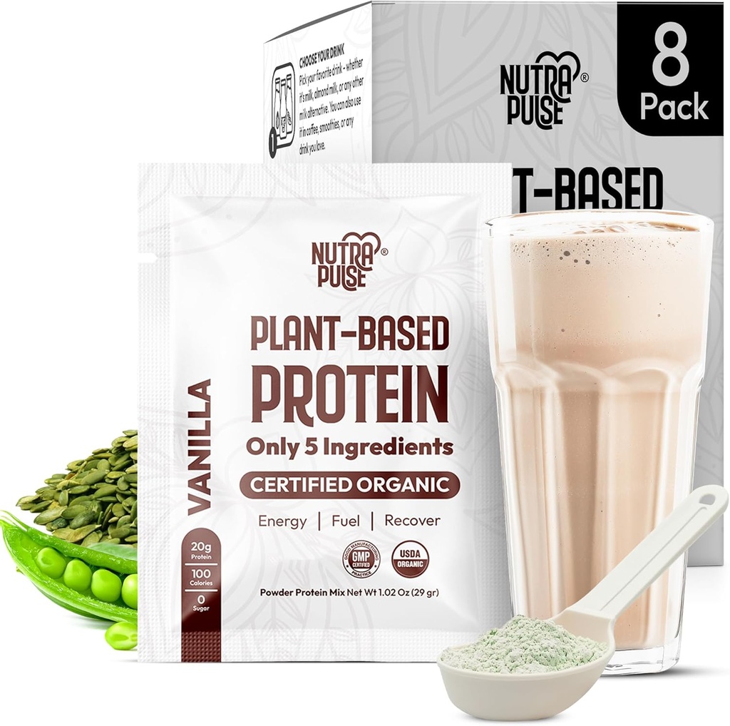 Organic Vegan Praf de proteine Pachet - Proteina pe bază de plante, gluten-free, non OMG-uri, 20g proteine per servire, mare pentru Smoothies & Shakes (Vanilla, pachet de 8)